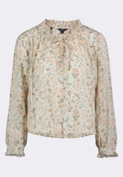 Maylah Women's Floral Print Long-Sleeve Smocked Blouse, Tan Floral - WT0174P