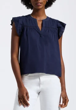 Mckaylie Women's Split Neck Flutter Sleeve Top with Embroidered Lace Details, Navy - KT0210P