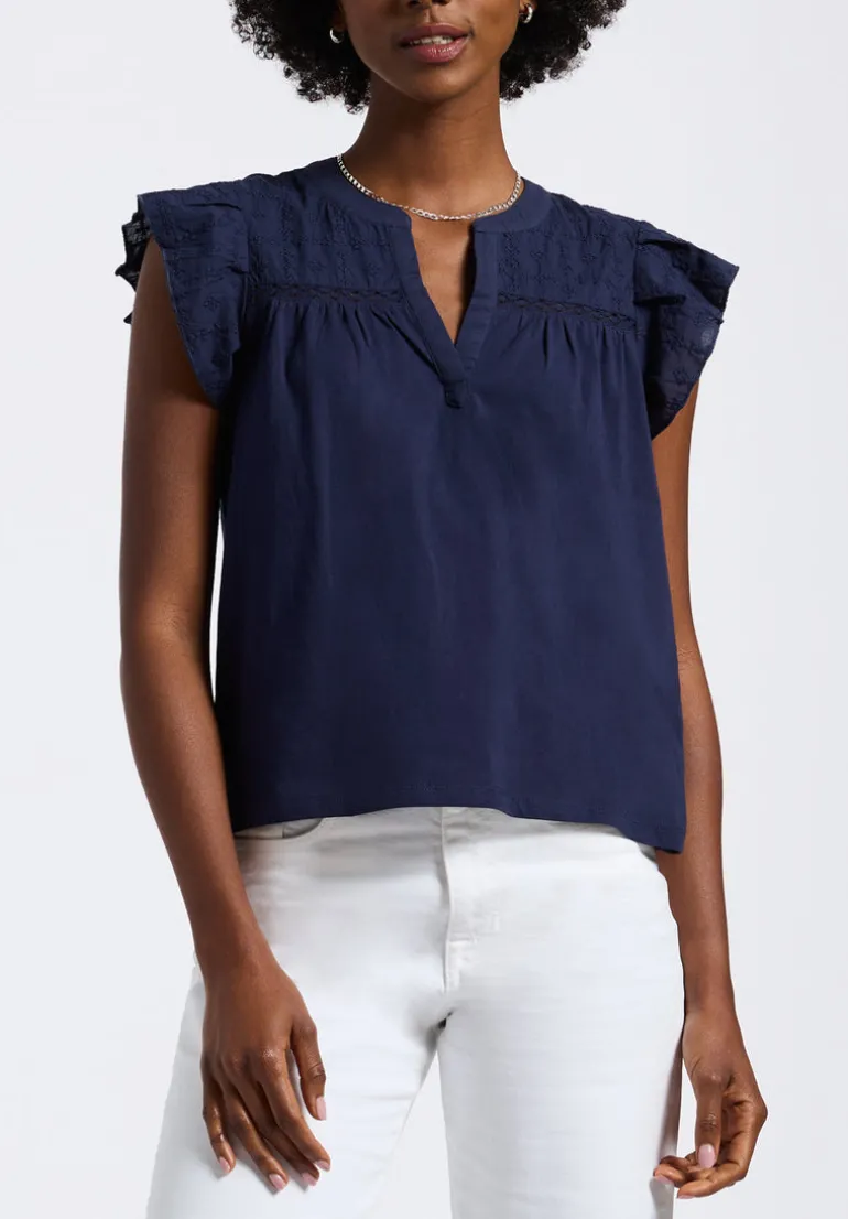 Mckaylie Women's Split Neck Flutter Sleeve Top with Embroidered Lace Details, Navy - KT0210P