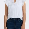 Mckaylie Women's Split Neck Flutter Sleeve Top with Embroidered Lace Details, White - KT0210P