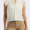 Mckaylie Women's Split Neck Flutter Sleeve Top with Embroidered Lace Details, Parchment - KT0210P