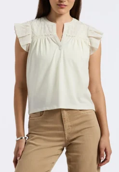 Mckaylie Women's Split Neck Flutter Sleeve Top with Embroidered Lace Details, Parchment - KT0210P