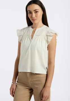 Mckaylie Women's Split Neck Flutter Sleeve Top with Embroidered Lace Details, Parchment - KT0210P