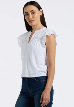 Mckaylie Women's Split Neck Flutter Sleeve Top with Embroidered Lace Details, White - KT0210P