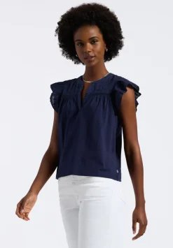 Mckaylie Women's Split Neck Flutter Sleeve Top with Embroidered Lace Details, Navy - KT0210P