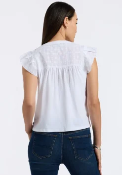 Mckaylie Women's Split Neck Flutter Sleeve Top with Embroidered Lace Details, White - KT0210P