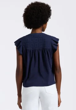 Mckaylie Women's Split Neck Flutter Sleeve Top with Embroidered Lace Details, Navy - KT0210P