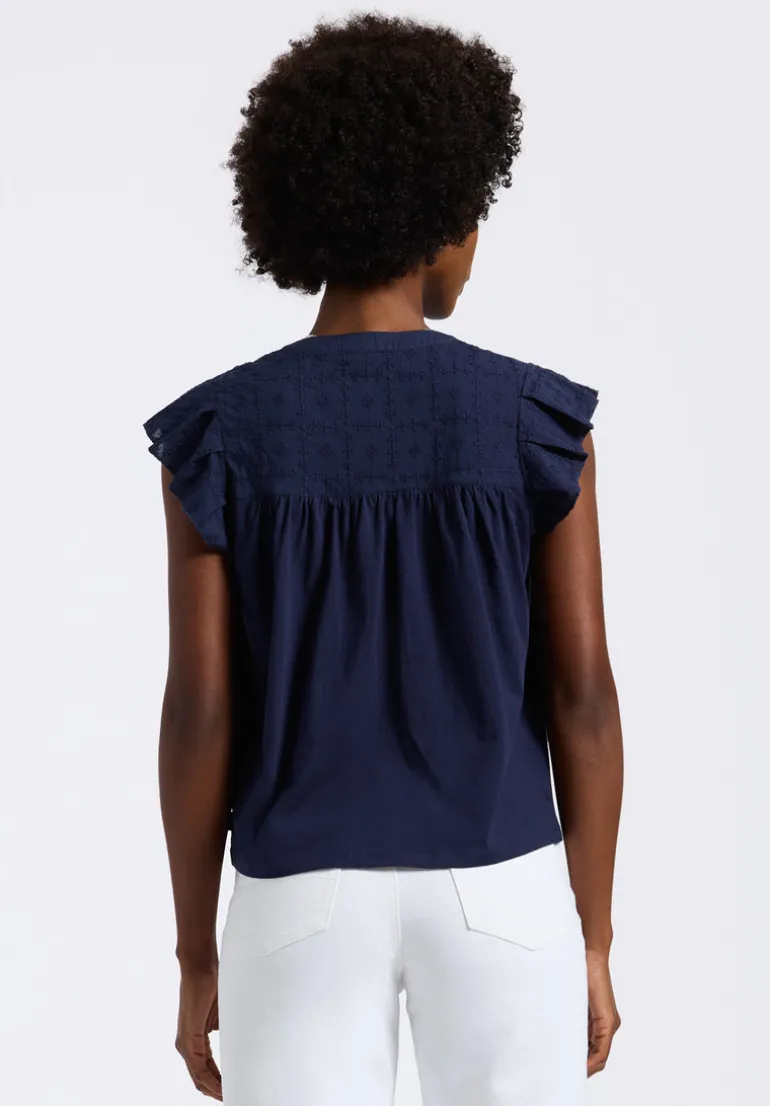 Mckaylie Women's Split Neck Flutter Sleeve Top with Embroidered Lace Details, Navy - KT0210P