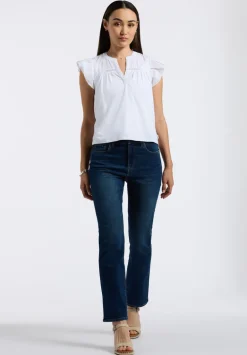 Mckaylie Women's Split Neck Flutter Sleeve Top with Embroidered Lace Details, White - KT0210P