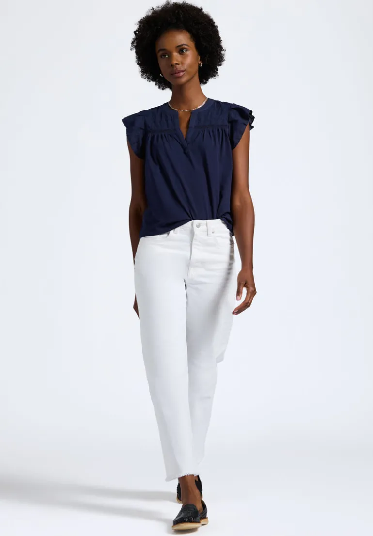 Mckaylie Women's Split Neck Flutter Sleeve Top with Embroidered Lace Details, Navy - KT0210P