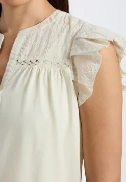 Mckaylie Women's Split Neck Flutter Sleeve Top with Embroidered Lace Details, Parchment - KT0210P
