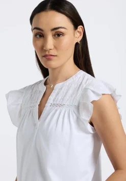 Mckaylie Women's Split Neck Flutter Sleeve Top with Embroidered Lace Details, White - KT0210P