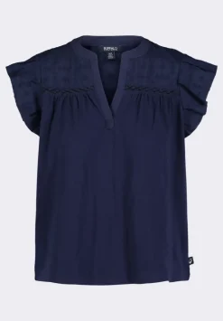 Mckaylie Women's Split Neck Flutter Sleeve Top with Embroidered Lace Details, Navy - KT0210P