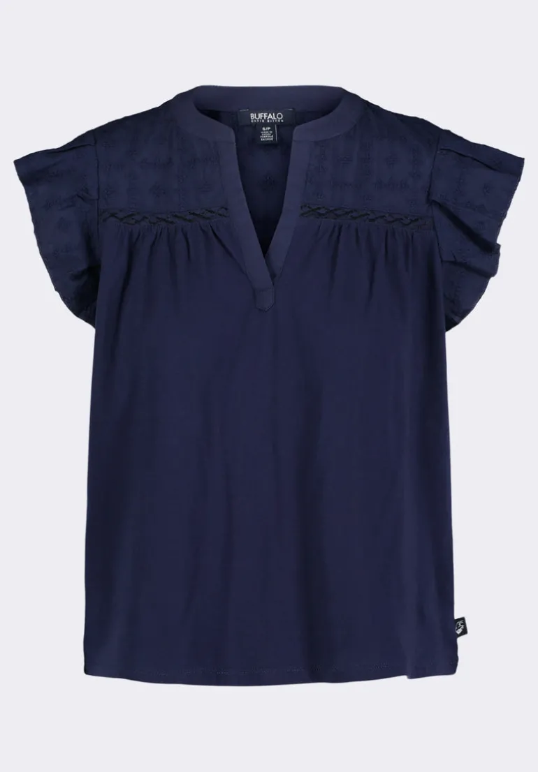 Mckaylie Women's Split Neck Flutter Sleeve Top with Embroidered Lace Details, Navy - KT0210P