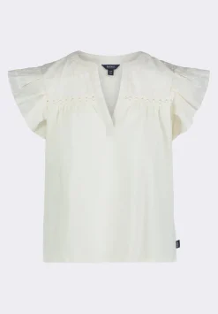 Mckaylie Women's Split Neck Flutter Sleeve Top with Embroidered Lace Details, Parchment - KT0210P