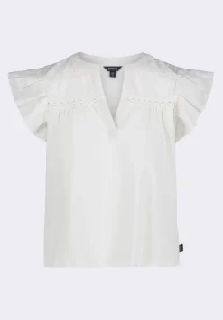 Mckaylie Women's Split Neck Flutter Sleeve Top with Embroidered Lace Details, White - KT0210P