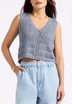 Merrybell Women's Pointelle Knit Vest with Button-Down Front, Bleached Navy - SW0114P