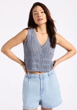 Merrybell Women's Pointelle Knit Vest with Button-Down Front, Bleached Navy - SW0114P