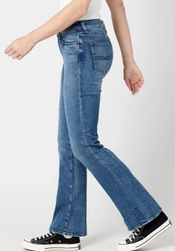 Mid Rise Bootcut Queen Women's Jeans in Whiskered and Sanded Blue - BL15831