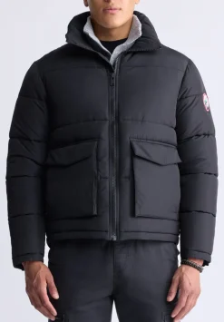 Nate Men’s Zip-up Puffer Jacket with Large Front Pockets, Black - OBMFE001