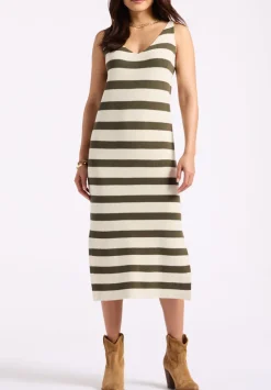 Orindella Women's Sleeveless Striped Knit Midi Dress, Beige & Olive - SD0010P