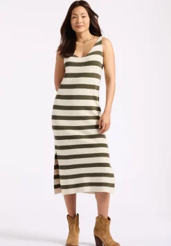 Orindella Women's Sleeveless Striped Knit Midi Dress, Beige & Olive - SD0010P