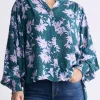 Ottilie Women's Long-Sleeved Blouse, Green with Purple Floral - WT0120F