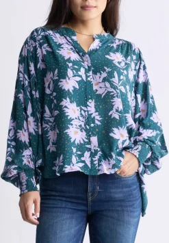 Ottilie Women's Long-Sleeved Blouse, Green with Purple Floral - WT0120F