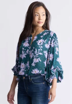 Ottilie Women's Long-Sleeved Blouse, Green with Purple Floral - WT0120F