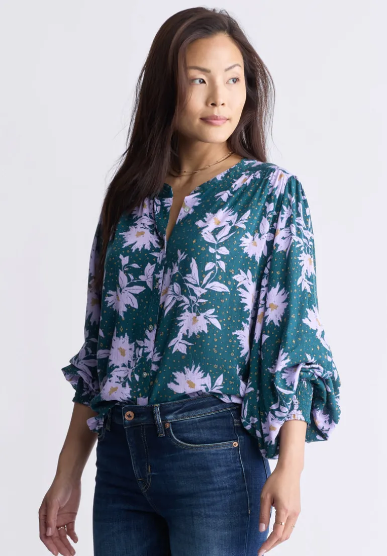 Ottilie Women's Long-Sleeved Blouse, Green with Purple Floral - WT0120F