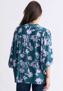 Ottilie Women's Long-Sleeved Blouse, Green with Purple Floral - WT0120F