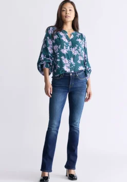 Ottilie Women's Long-Sleeved Blouse, Green with Purple Floral - WT0120F