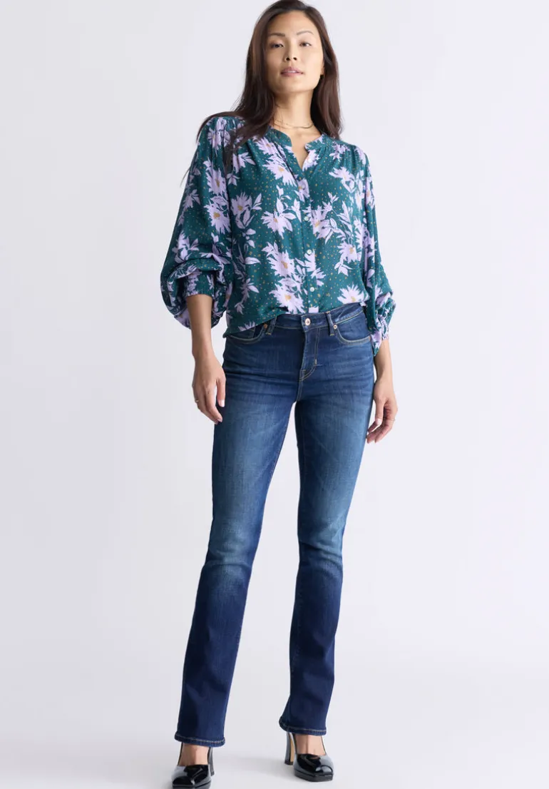 Ottilie Women's Long-Sleeved Blouse, Green with Purple Floral - WT0120F