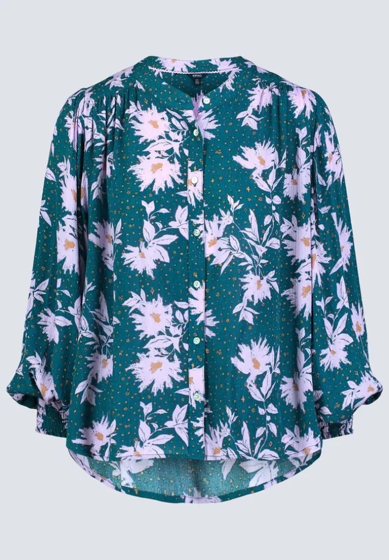 Ottilie Women's Long-Sleeved Blouse, Green with Purple Floral - WT0120F