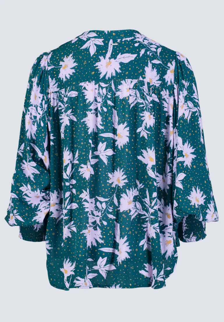 Ottilie Women's Long-Sleeved Blouse, Green with Purple Floral - WT0120F