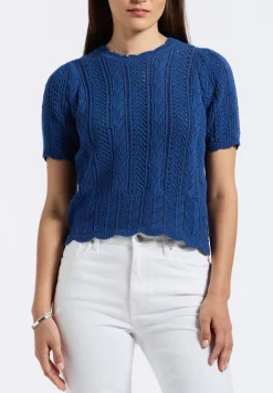 Posey Women's Short-Sleeve Crochet Knit Sweater Top, Navy - SW0108P