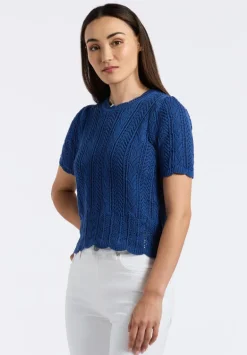 Posey Women's Short-Sleeve Crochet Knit Sweater Top, Navy - SW0108P