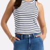 Regine Women's Ribbed Striped Tank Top, White & Navy - KT0175P