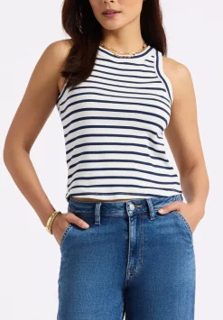 Regine Women's Ribbed Striped Tank Top, White & Navy - KT0175P