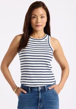 Regine Women's Ribbed Striped Tank Top, White & Navy - KT0175P