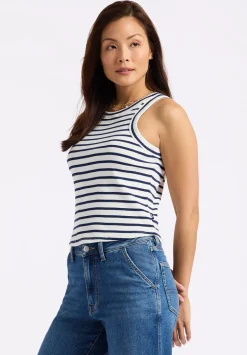 Regine Women's Ribbed Striped Tank Top, White & Navy - KT0175P