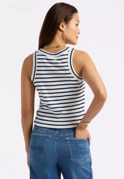 Regine Women's Ribbed Striped Tank Top, White & Navy - KT0175P