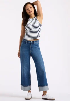 Regine Women's Ribbed Striped Tank Top, White & Navy - KT0175P
