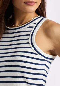 Regine Women's Ribbed Striped Tank Top, White & Navy - KT0175P