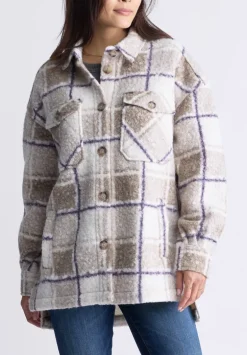 Royce Women's Oversized Plaid Sherpa Shacket, Beige & Purple - JK0033F