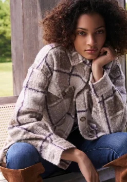 Royce Women's Oversized Plaid Sherpa Shacket, Beige & Purple - JK0033F