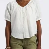 Saarik Women's Textured Plaid Button-Down Blouse with Puff Sleeves and Relaxed Fit, White - WT0153P