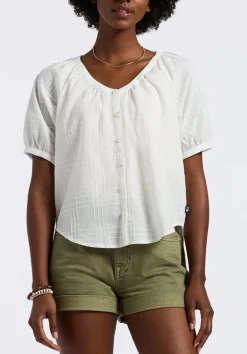 Saarik Women's Textured Plaid Button-Down Blouse with Puff Sleeves and Relaxed Fit, White - WT0153P