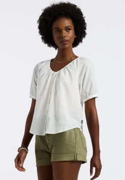 Saarik Women's Textured Plaid Button-Down Blouse with Puff Sleeves and Relaxed Fit, White - WT0153P