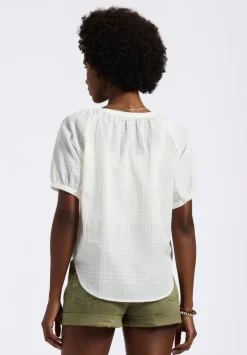 Saarik Women's Textured Plaid Button-Down Blouse with Puff Sleeves and Relaxed Fit, White - WT0153P